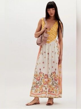 NWT Free People Bali Honeydew Jumpsuit Floral Linen Blend Size Medium